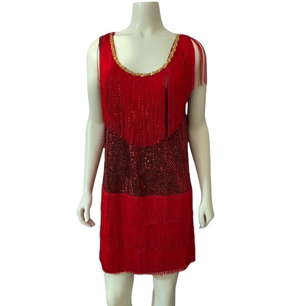 Red and Gold Fringe Sequin Flapper Costume Dress - Medium